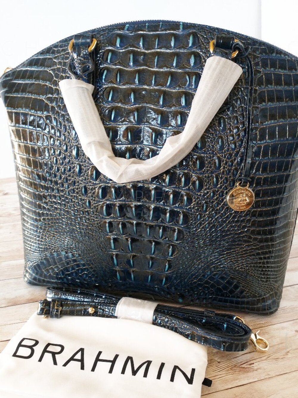 Brahmin Midnight Melbourne Large Duxbury Satchel Leather Zip Dome Coastal Chic